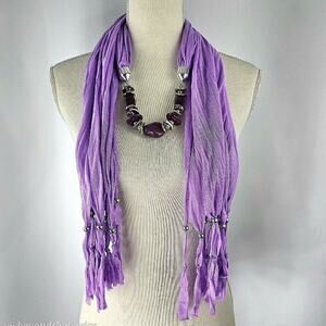 Women's Purple Faux Quartz Silver Tone Fringed Necklace Scarf NWOT